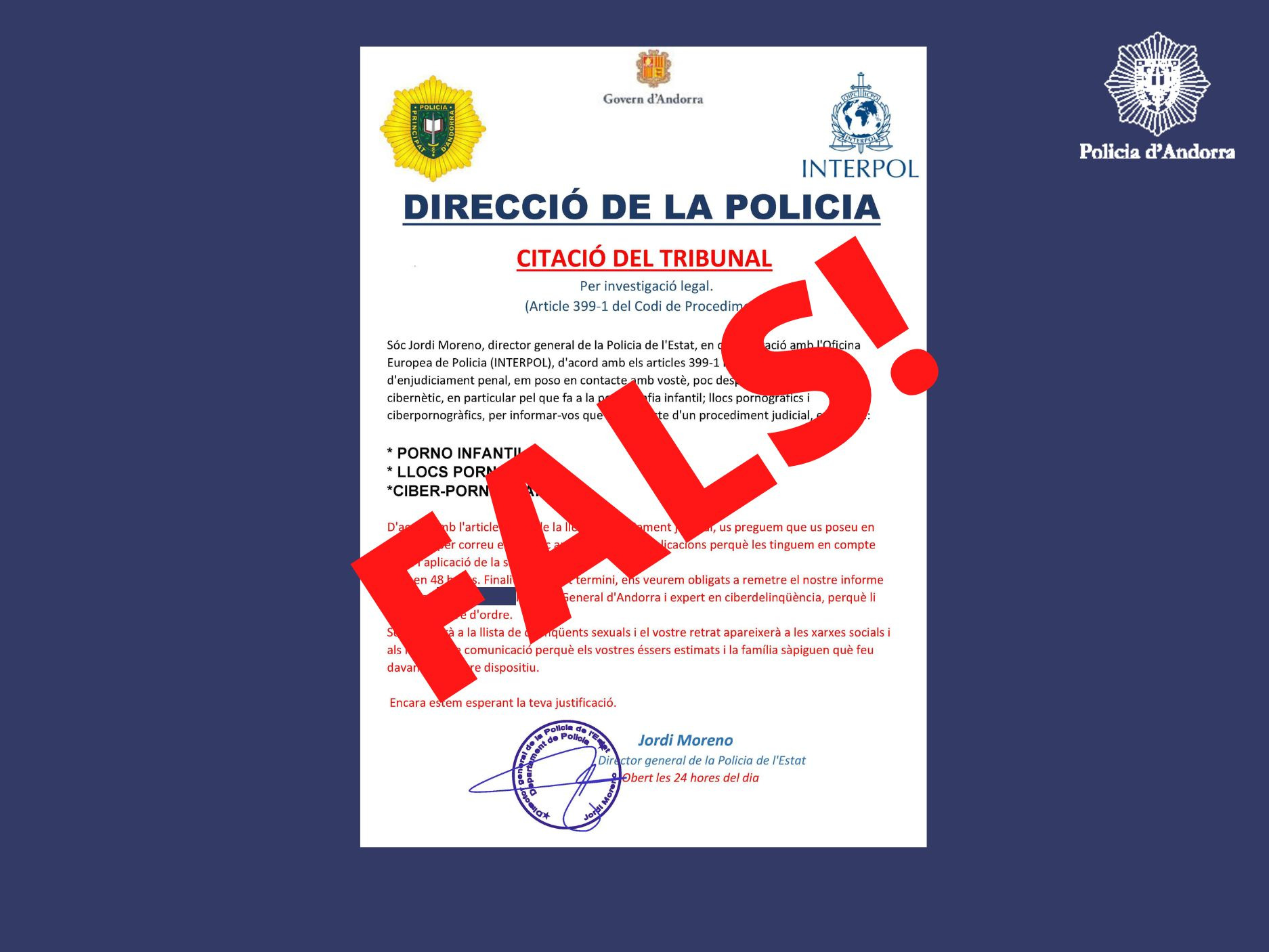 Alerta per correus electrònics falsos suplantant la Policia i el director del Cos